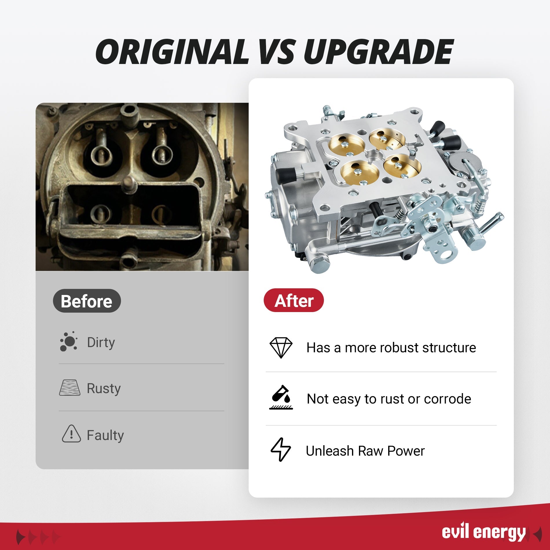 Before and after comparison showing EVIL ENERGY 600 CFM 4-Barrel Carburetor upgrade with stronger structure, rust resistance, and improved power
