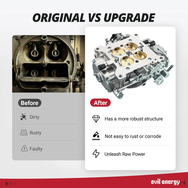 Before and after comparison showing EVIL ENERGY 600 CFM 4-Barrel Performance Carburetor upgrade with stronger structure, rust resistance, and improved power output