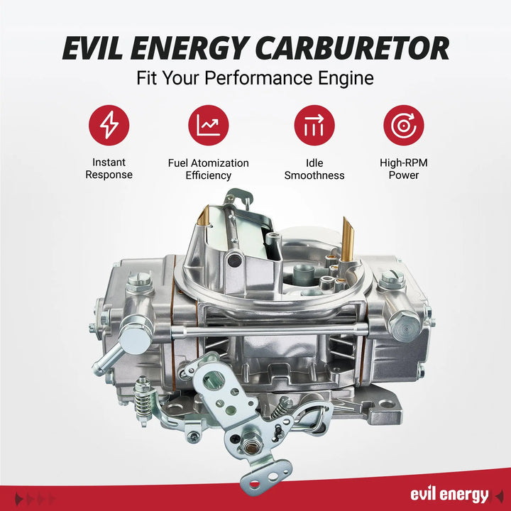 Side view of EVIL ENERGY 600 CFM 4-Barrel Performance Carburetor highlighting instant throttle response, fuel atomization efficiency, idle smoothness, and high-RPM power