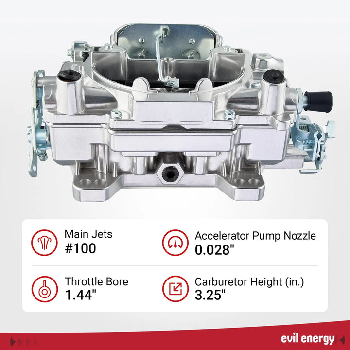 EVIL ENERGY 600 CFM 4-barrel Carburetor specs, main jets #100, throttle bore 1.44-inch, precision design