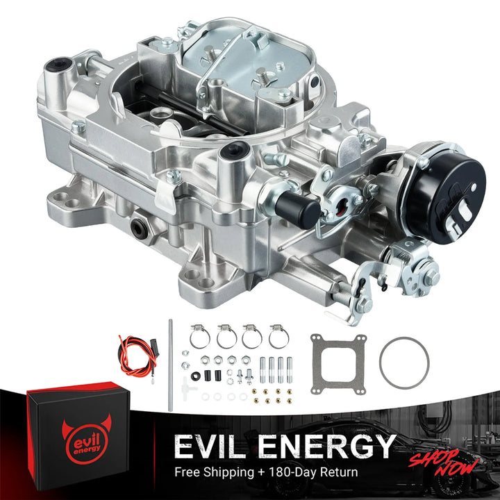 EVIL ENERGY 600 CFM 4-barrel carburetor with electric choke, full installation kit, square bore flange, and gasket.