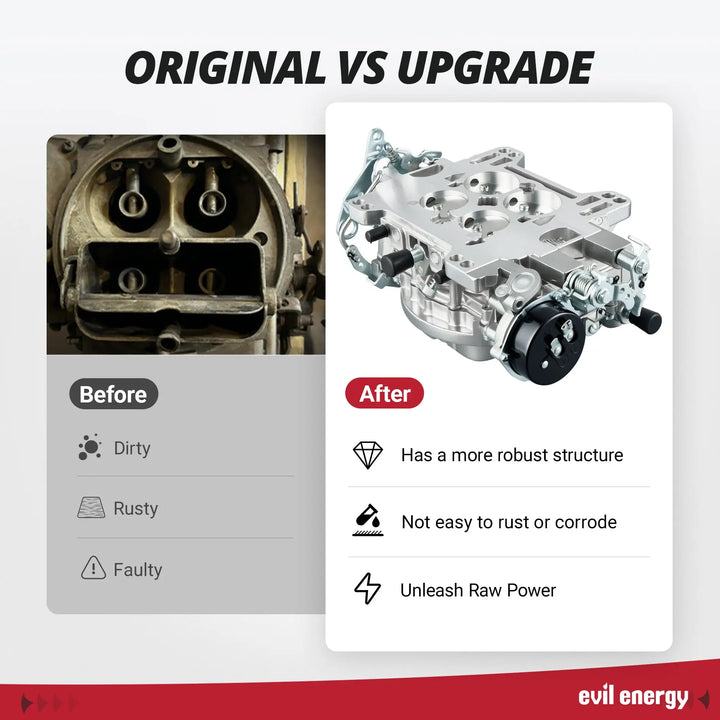 Side-by-side comparison between old 4-barrel carburetor and upgraded EVIL ENERGY 600 CFM model with corrosion-resistant build.
