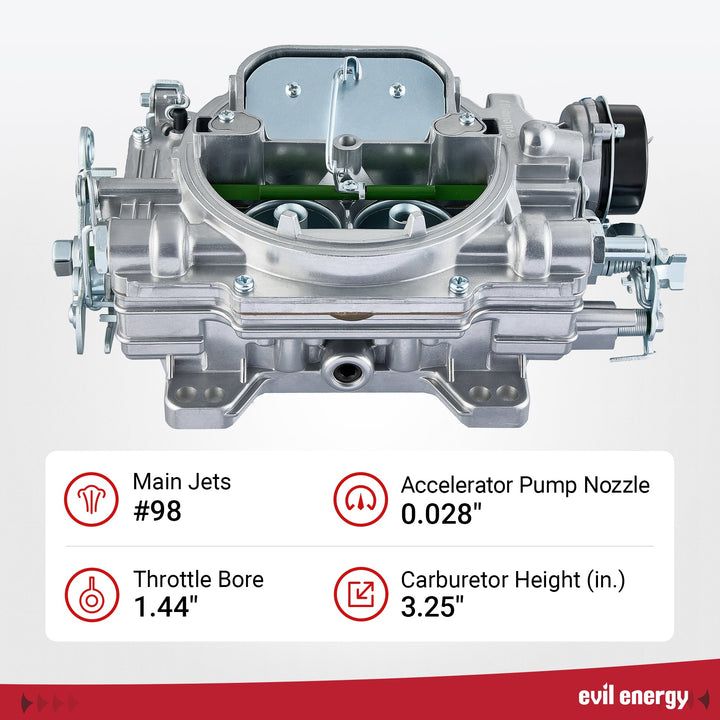 EVIL ENERGY 600 CFM 4-Barrel Carburetor specs, main jets #98, throttle bore 1.44-inch, ideal for engine tuning