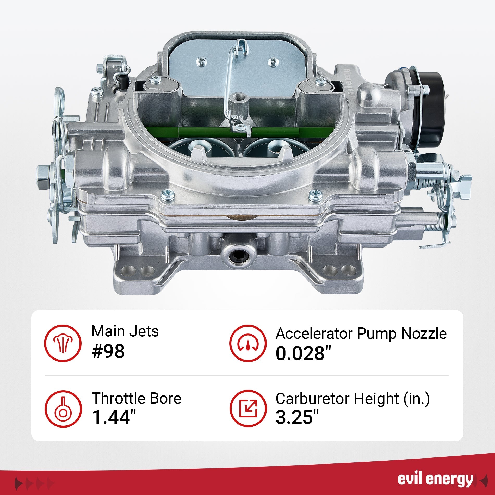EVIL ENERGY 600 CFM 4-Barrel Carburetor specs, main jets #98, throttle bore 1.44-inch, ideal for engine tuning