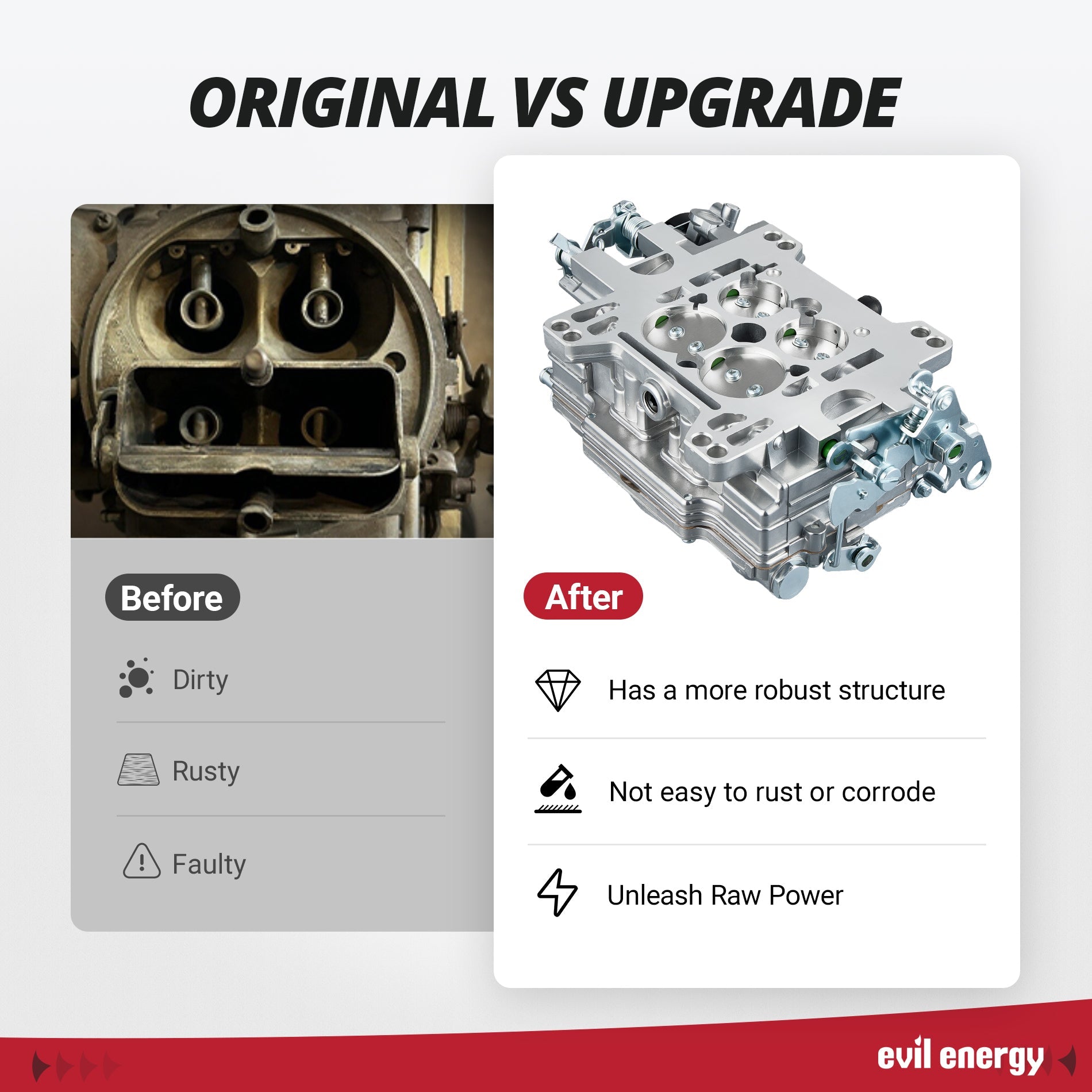 EVIL ENERGY 600 CFM 4-Barrel Carburetor upgrade, robust structure, corrosion - resistant vs original