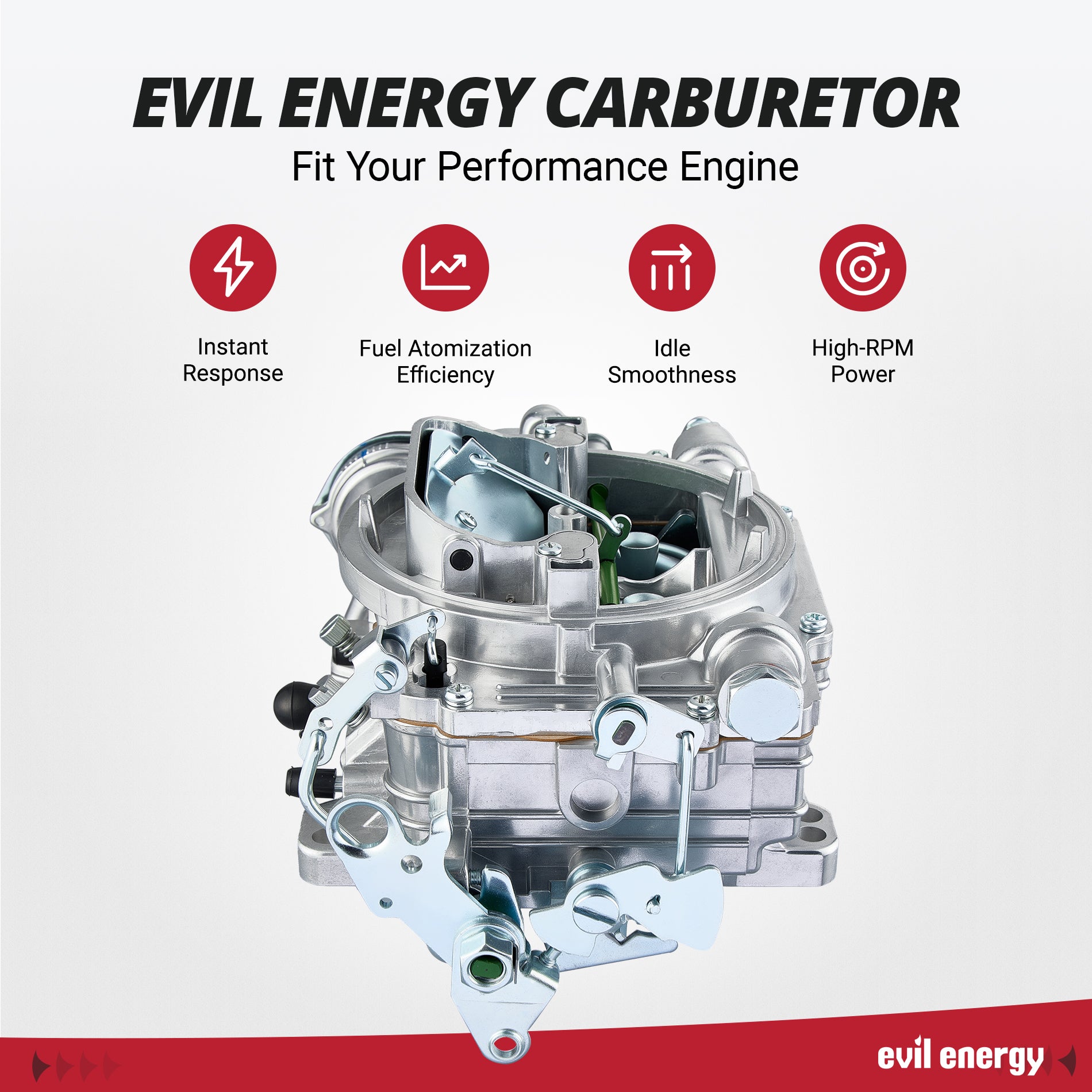 EVIL ENERGY 600 CFM 4-Barrel Carburetor features, instant response, high - RPM power