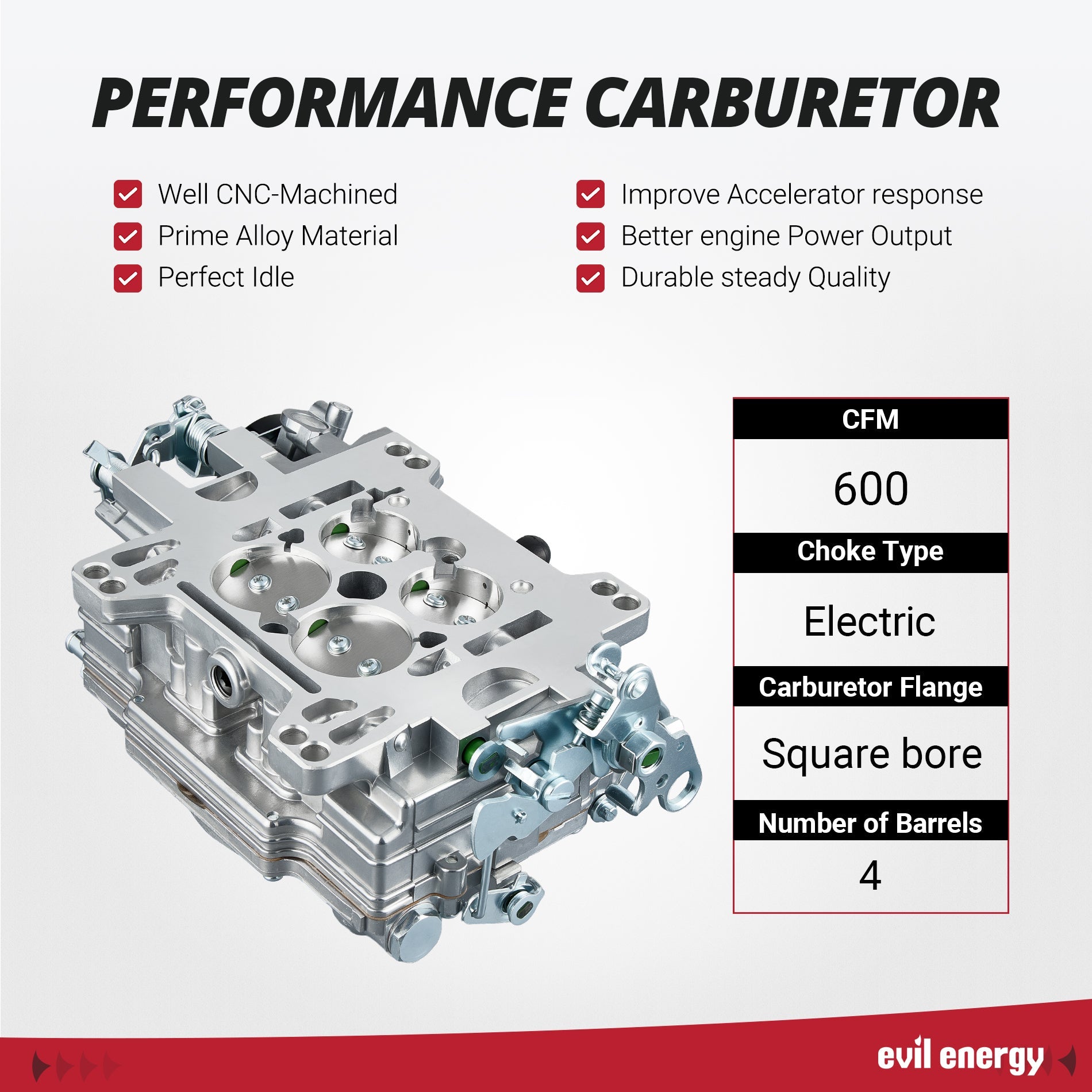 EVIL ENERGY 600 CFM 4-Barrel Carburetor performance, CNC - machined, prime alloy material