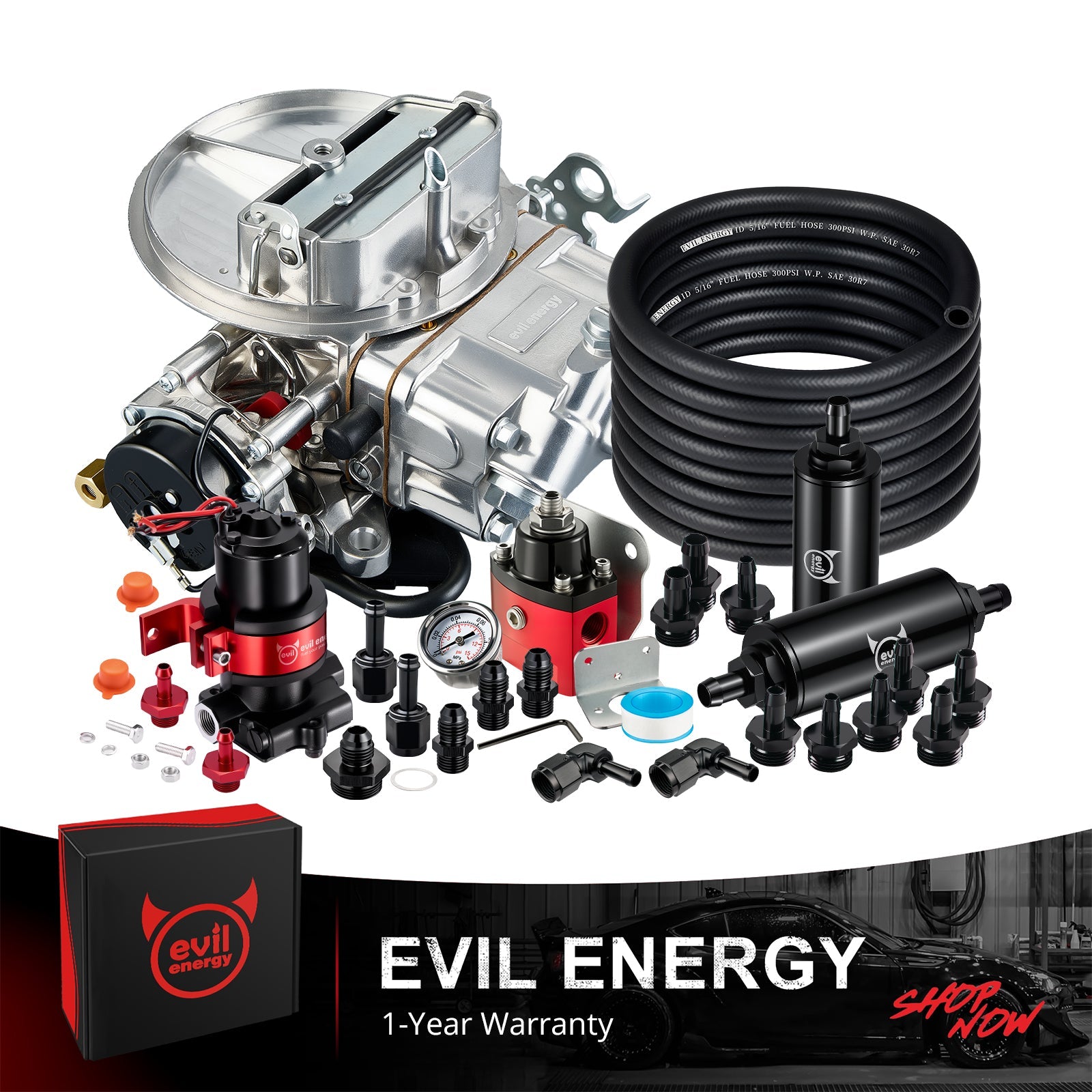 EVIL ENERGY 650 CFM 4-barrel Carburetor 110 GPH External Electric Fuel Pump Kit - EVILENERGY
