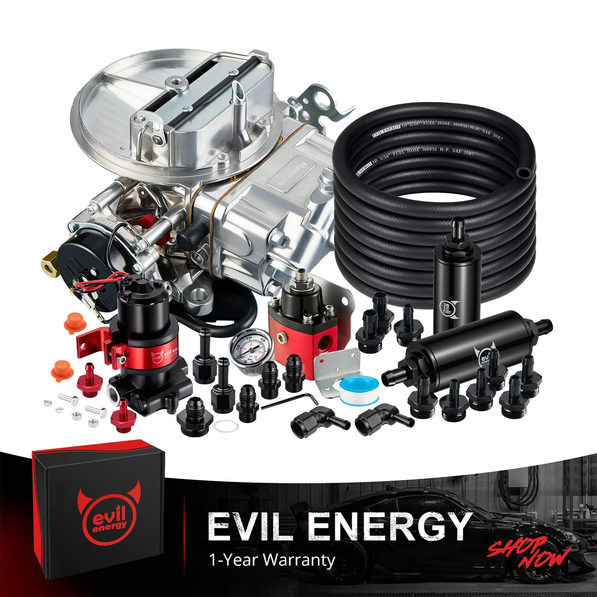 EVIL ENERGY 650 CFM 4-barrel Carburetor 110 GPH External Electric Fuel Pump Kit - EVILENERGY