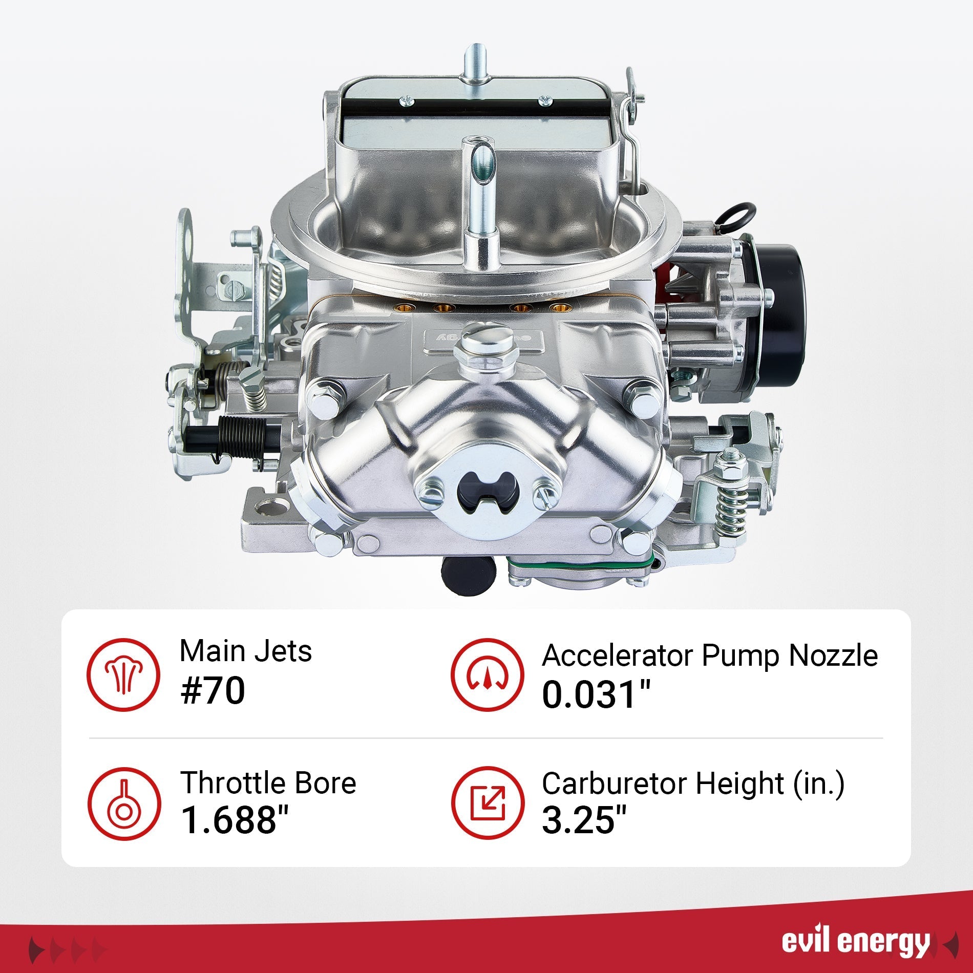 EVIL ENERGY 650 CFM 4 - barrel Carburetor specs, main jets #70, throttle bore 1.688-inch