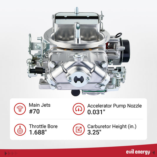 EVIL ENERGY 650 CFM 4 - barrel Carburetor specs, main jets #70, throttle bore 1.688-inch