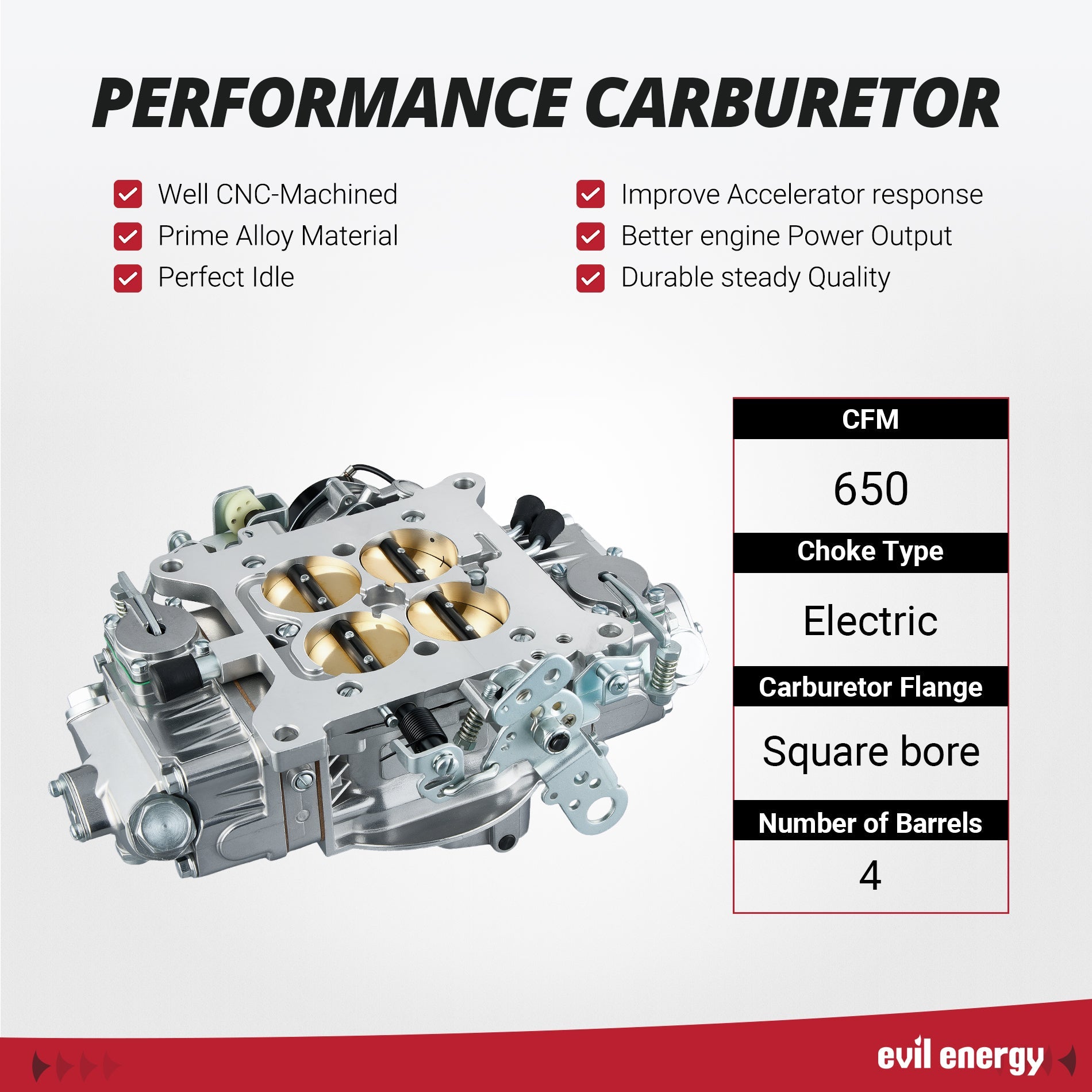 EVIL ENERGY 650 CFM 4 - barrel Carburetor performance, CNC - machined, prime alloy