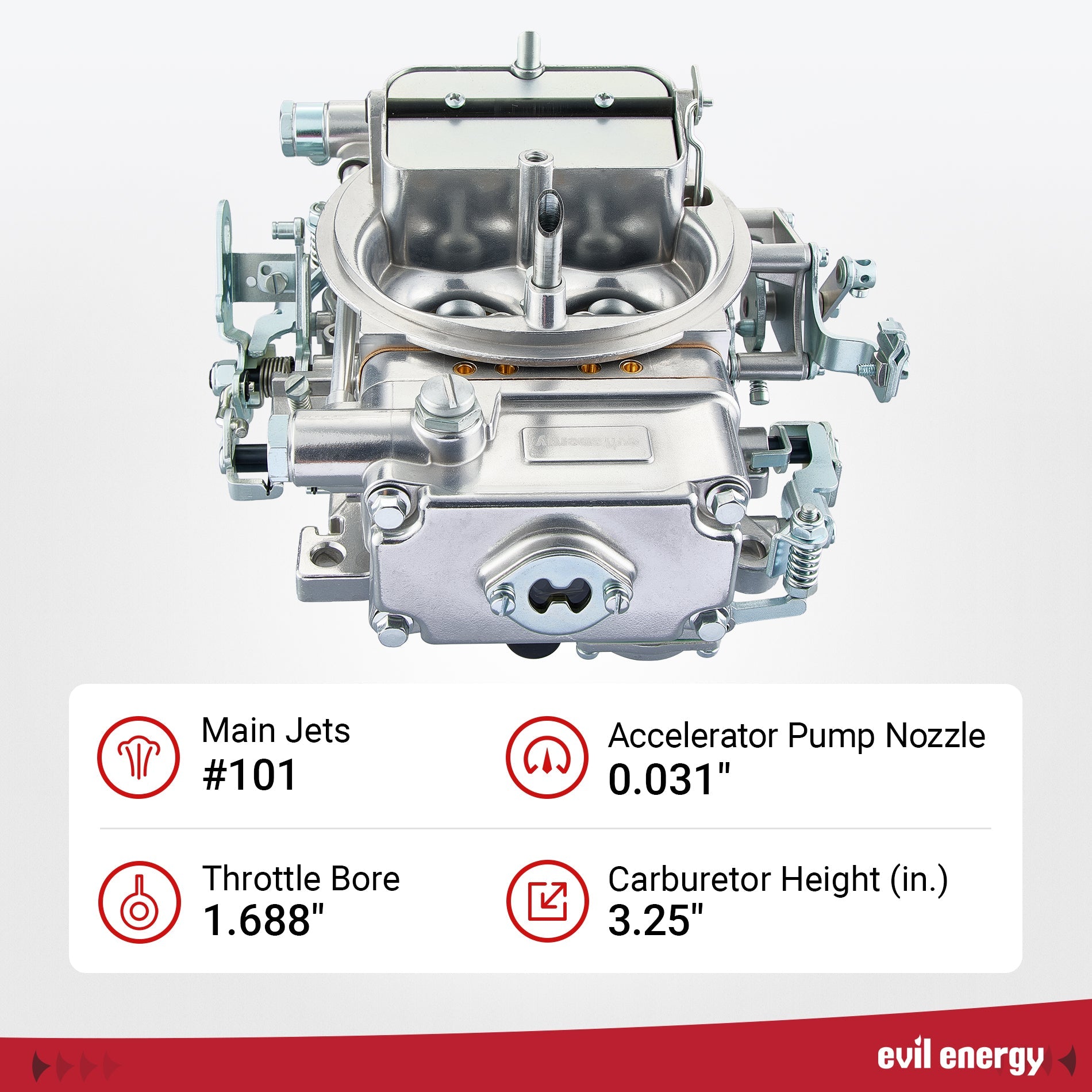 Front view of EVIL ENERGY 650 CFM 4 Barrel Carburetor showing main jets, throttle bore, and accelerator pump nozzle dimensions