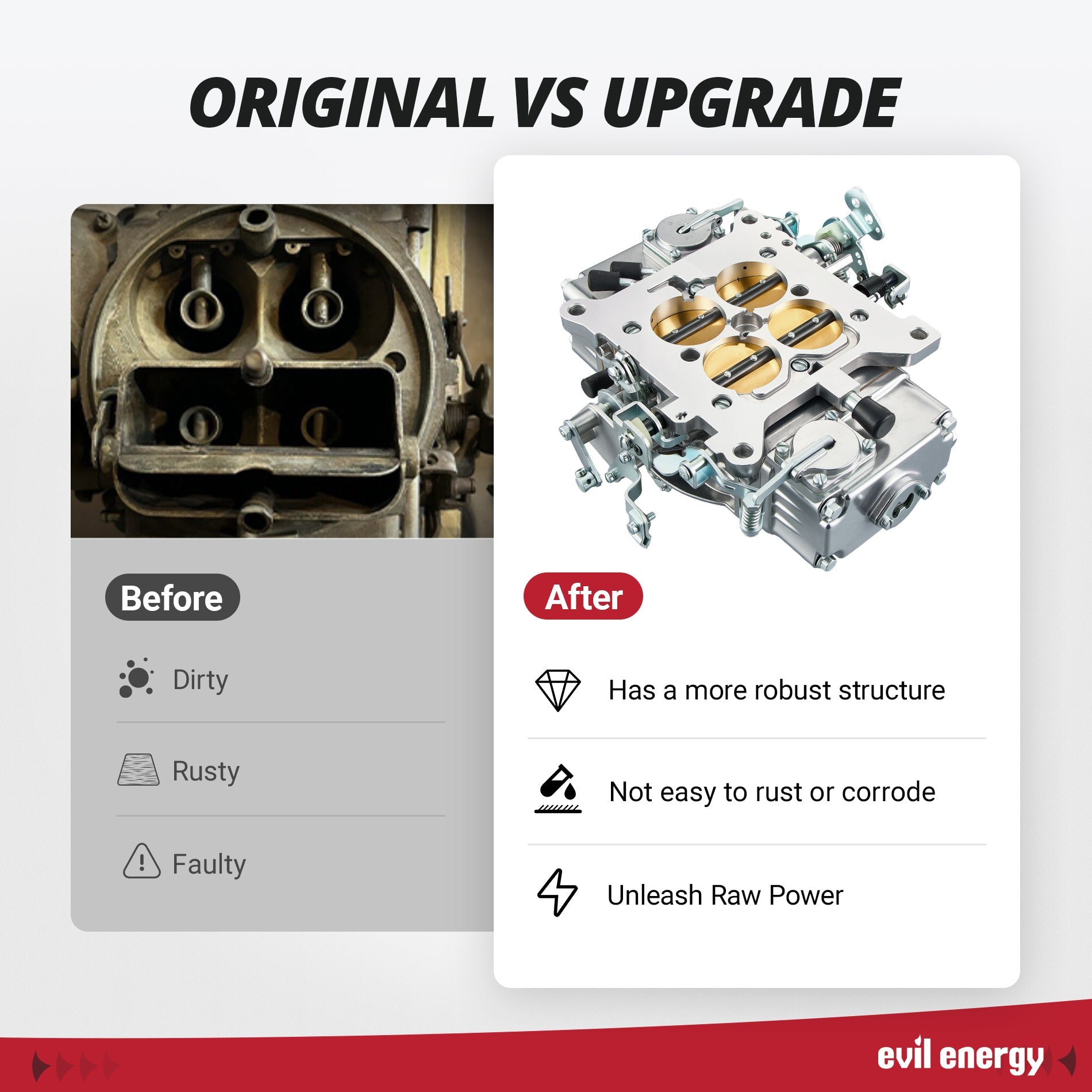 Before and after upgrade comparison of EVIL ENERGY 650 CFM 4 Barrel Carburetor showing enhanced durability and power