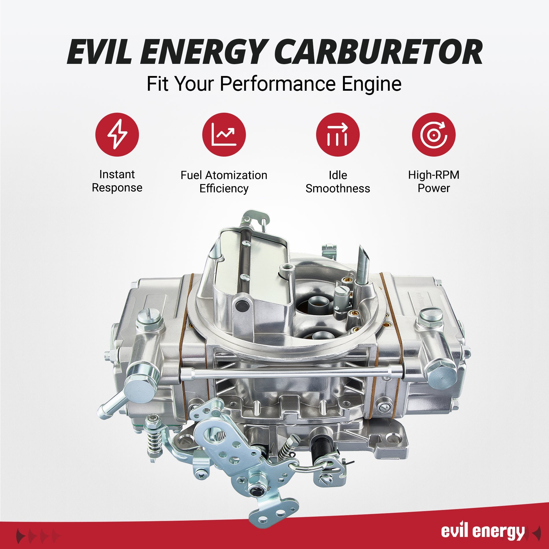 EVIL ENERGY 650 CFM 4 Barrel Carburetor highlights instant throttle response, efficient fuel atomization, and idle smoothness