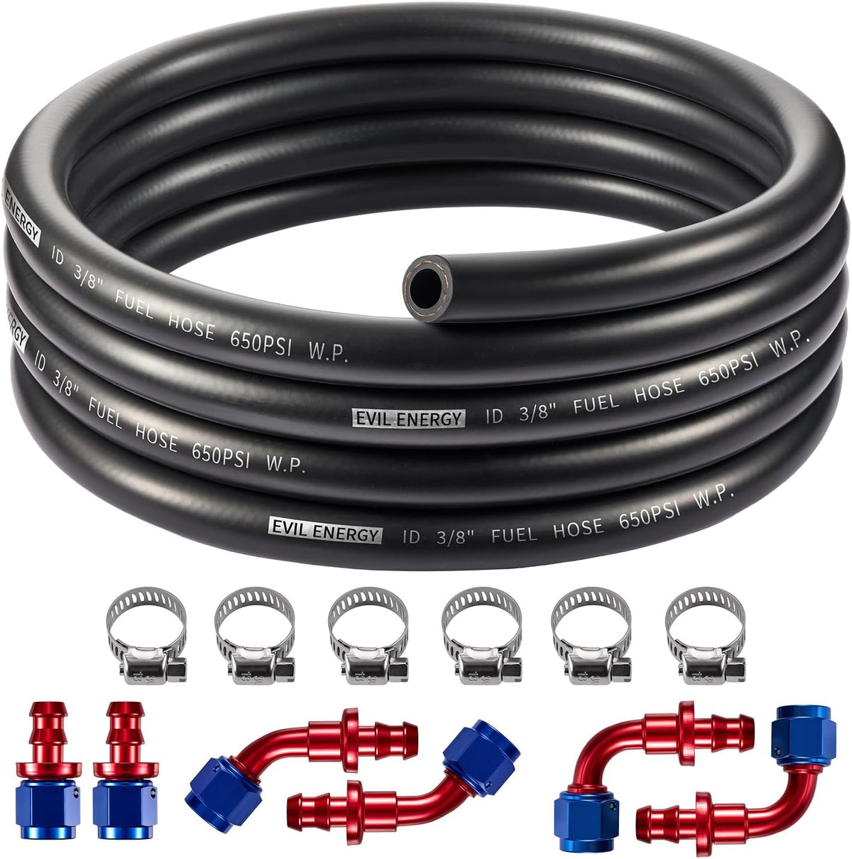 EVILENERGY EVIL ENERGY 6AN 3/8 Fuel Line Kit, CPE Rubber 3/8 Fuel Hose with Push On Fittings and Hose Clamps 12PCS, 10FT Blue&Red