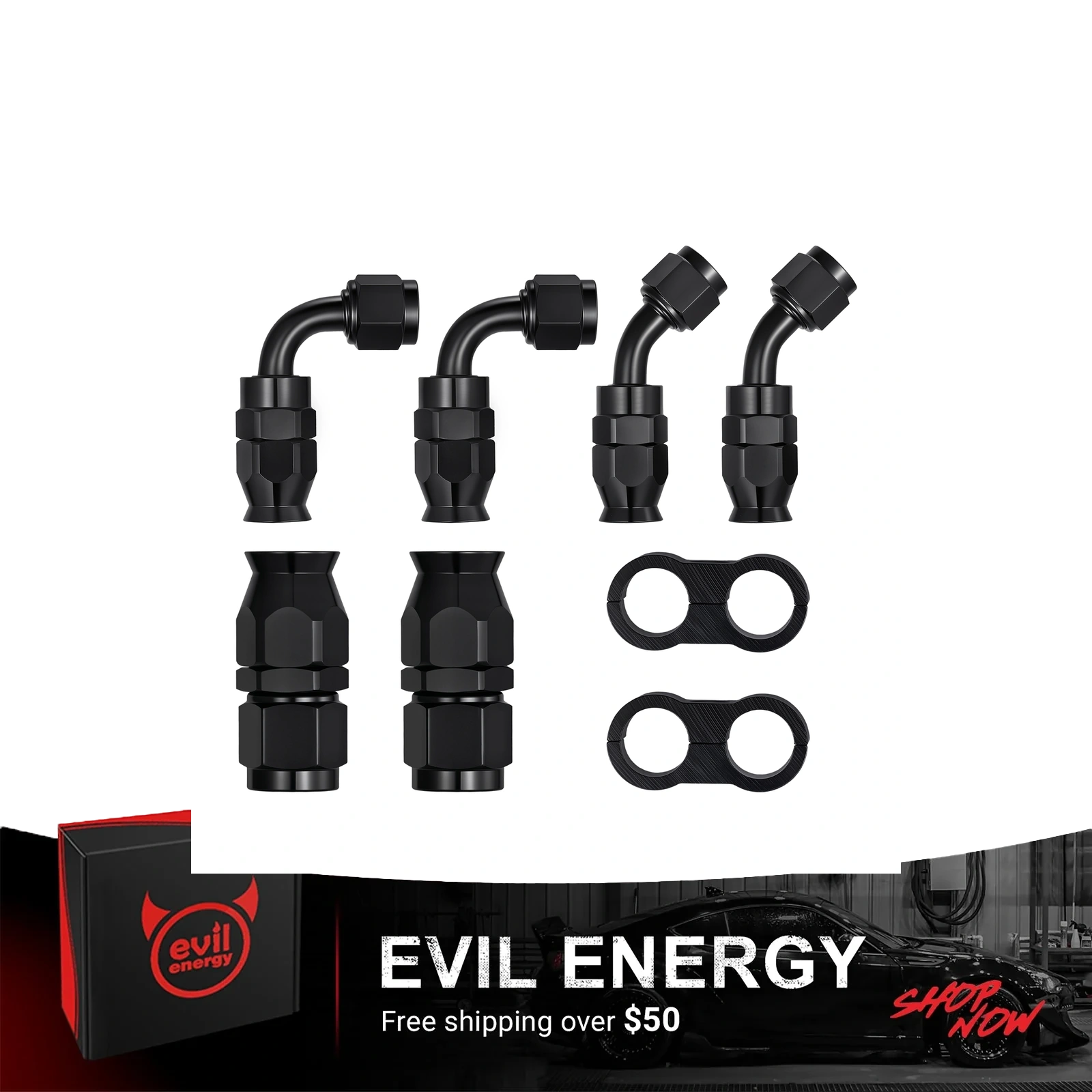 EVIL ENERGY 6AN/8AN/10AN PTFE Hose End Fittings Kit 0/45/90 Degree Fittings For PTFE Hose Only, Black