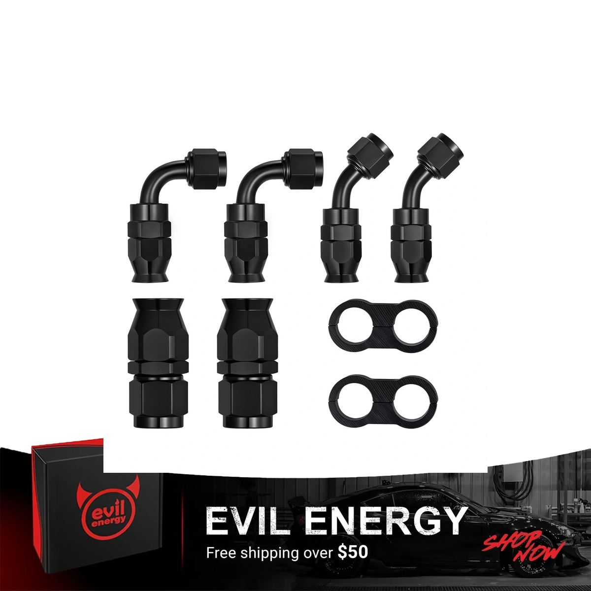 EVIL ENERGY 6AN/8AN/10AN PTFE Hose End Fittings Kit 0/45/90 Degree Fittings For PTFE Hose Only, Black
