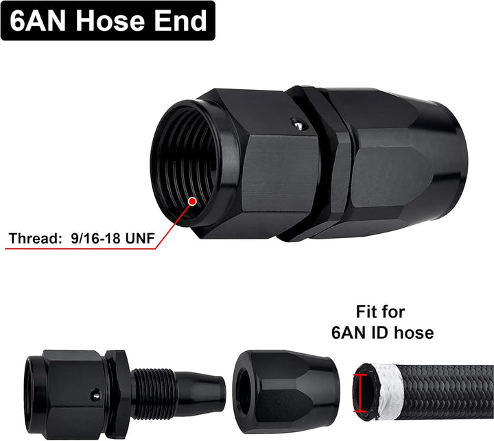 [6AN] EVIL ENERGY 6AN Hose End Fitting, black aluminum, 9/16-18 UNF thread, fits 6AN ID fuel hose, ideal for automotive fuel and oil systems