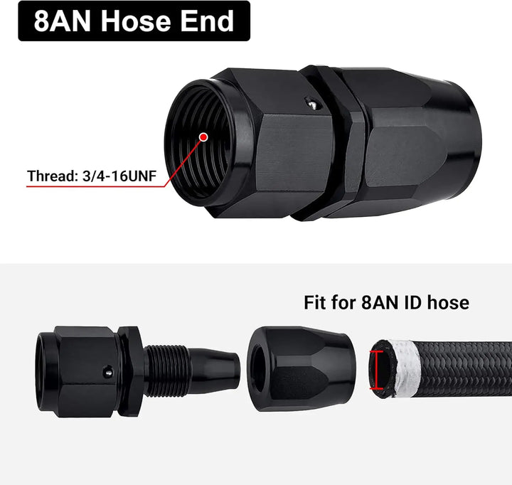 [8AN] EVIL ENERGY 8AN Hose End Fitting, black aluminum, 3/4-16 UNF thread, fits 8AN ID fuel hose, high performance automotive fitting