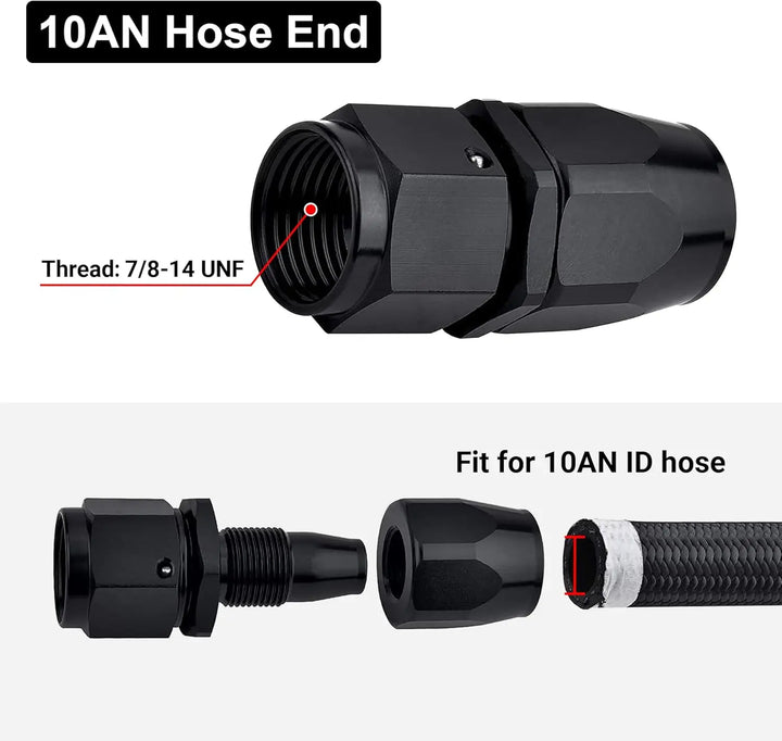 [10AN] EVIL ENERGY 10AN Hose End Fitting, black aluminum, 7/8-14 UNF thread, fits 10AN ID fuel hose, racing and performance fuel system fitting