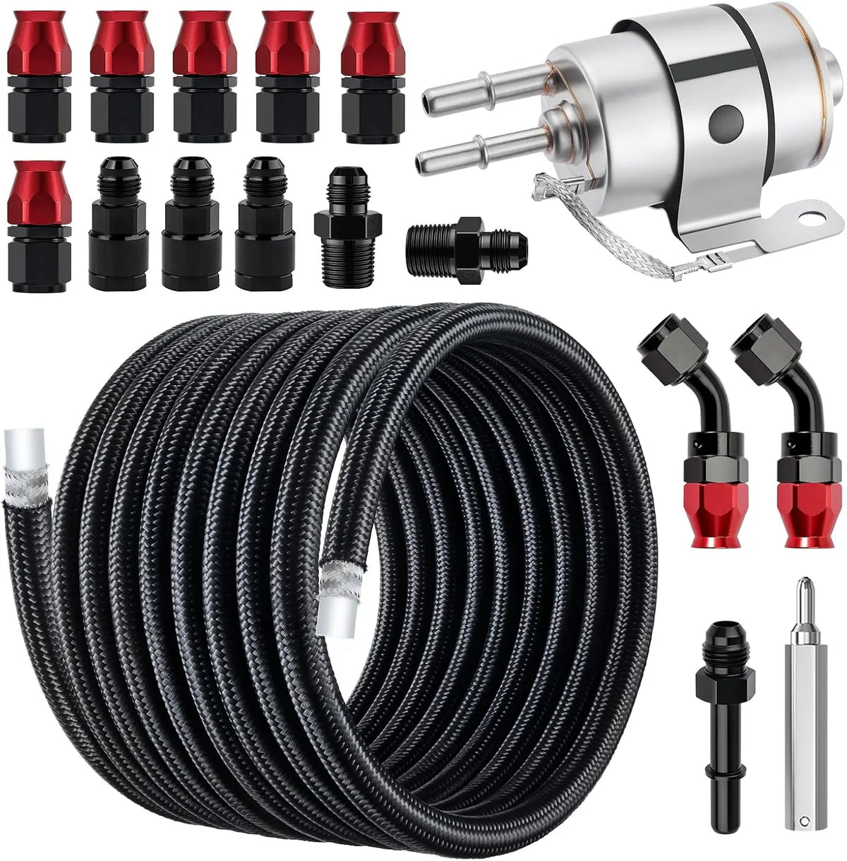 EVILENERGY EVIL ENERGY 6AN PTFE Fuel Line Kit with LS Swap Fuel Filter Regulator 58PSI, AN6 E85 Compatible Braided Fuel Line Fitting Kit 25FT PTFE Hose