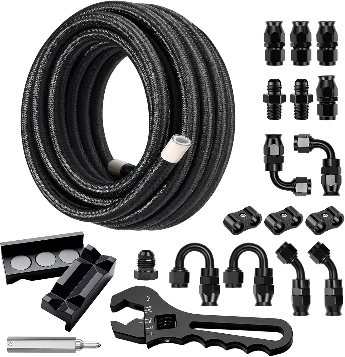 EVILENERGY EVIL ENERGY 6AN PTFE Fuel Line Kit, AN6 Nylon Braided PTFE Fuel Hose Kit 20FT with Adjustion Wrench, E85 Compatible Line Hose 5/16" ID Black