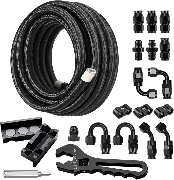 EVILENERGY EVIL ENERGY 6AN PTFE Fuel Line Kit, AN6 Nylon Braided PTFE Fuel Hose Kit 20FT with Adjustion Wrench, E85 Compatible Line Hose 5/16" ID Black