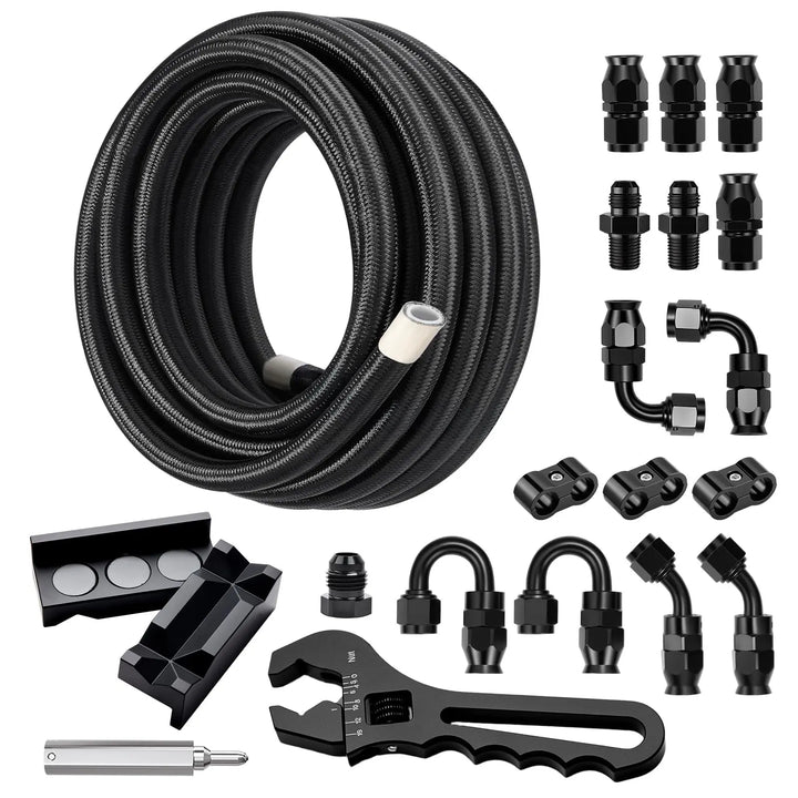 EVILENERGY EVIL ENERGY 6AN PTFE Fuel Line Kit, AN6 Nylon Braided PTFE Fuel Hose Kit 20FT with Adjustion Wrench, E85 Compatible Line Hose 5/16" ID Black