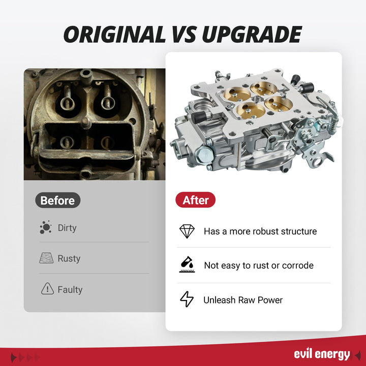 EVIL ENERGY 750 CFM 4 - Barrel Carburetor upgrade vs original: robust structure, rust - resistant