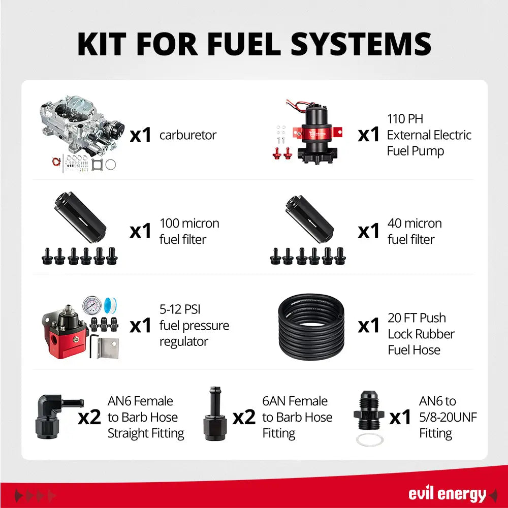 EVIL ENERGY EVIL ENERGY 750 CFM 4-barrel Carburetor Single Fuel Inlet 110 GPH Fuel Pump Kit