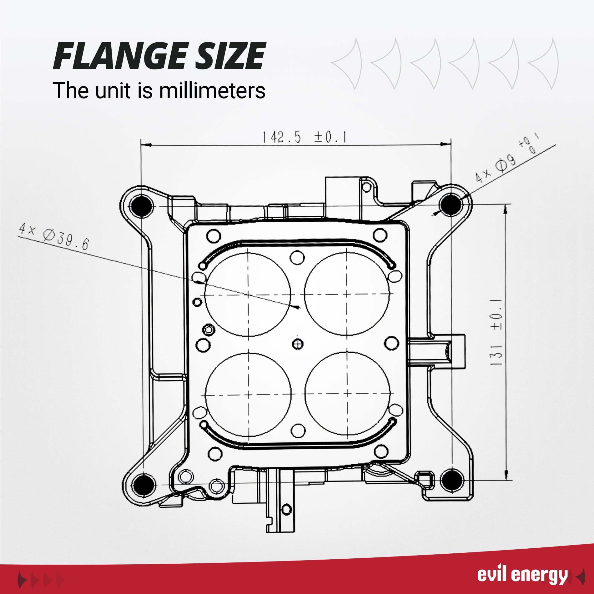 EVIL ENERGY 750 CFM 4 Barrel Carburetor flange size diagram with bolt hole spacing and throttle bore dimensions for square bore intake compatibility