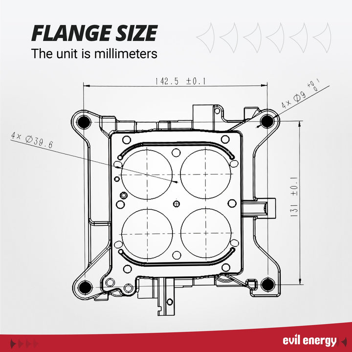 EVIL ENERGY 750 CFM 4 Barrel Carburetor flange size diagram with bolt hole spacing and throttle bore dimensions for square bore intake compatibility