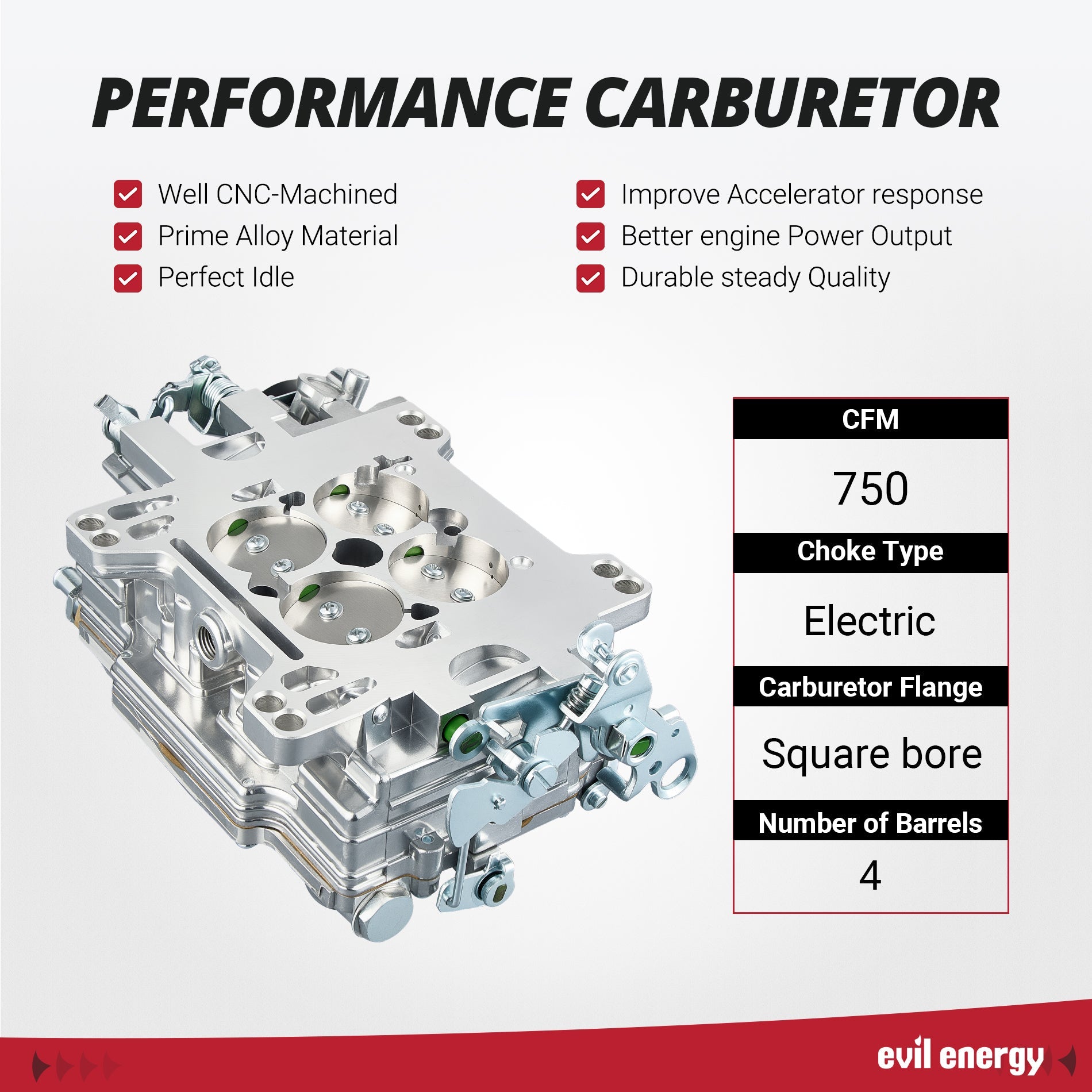 EVIL ENERGY Marine 750 CFM 4 - Barrel Carburetor performance, CNC - machined, prime alloy material