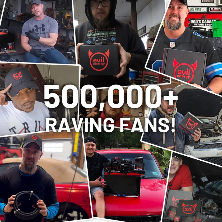 Over 500,000 satisfied customers of EVIL ENERGY showcasing their 350 CFM 2-barrel Carburetor and brand loyalty with product packaging and installation success.