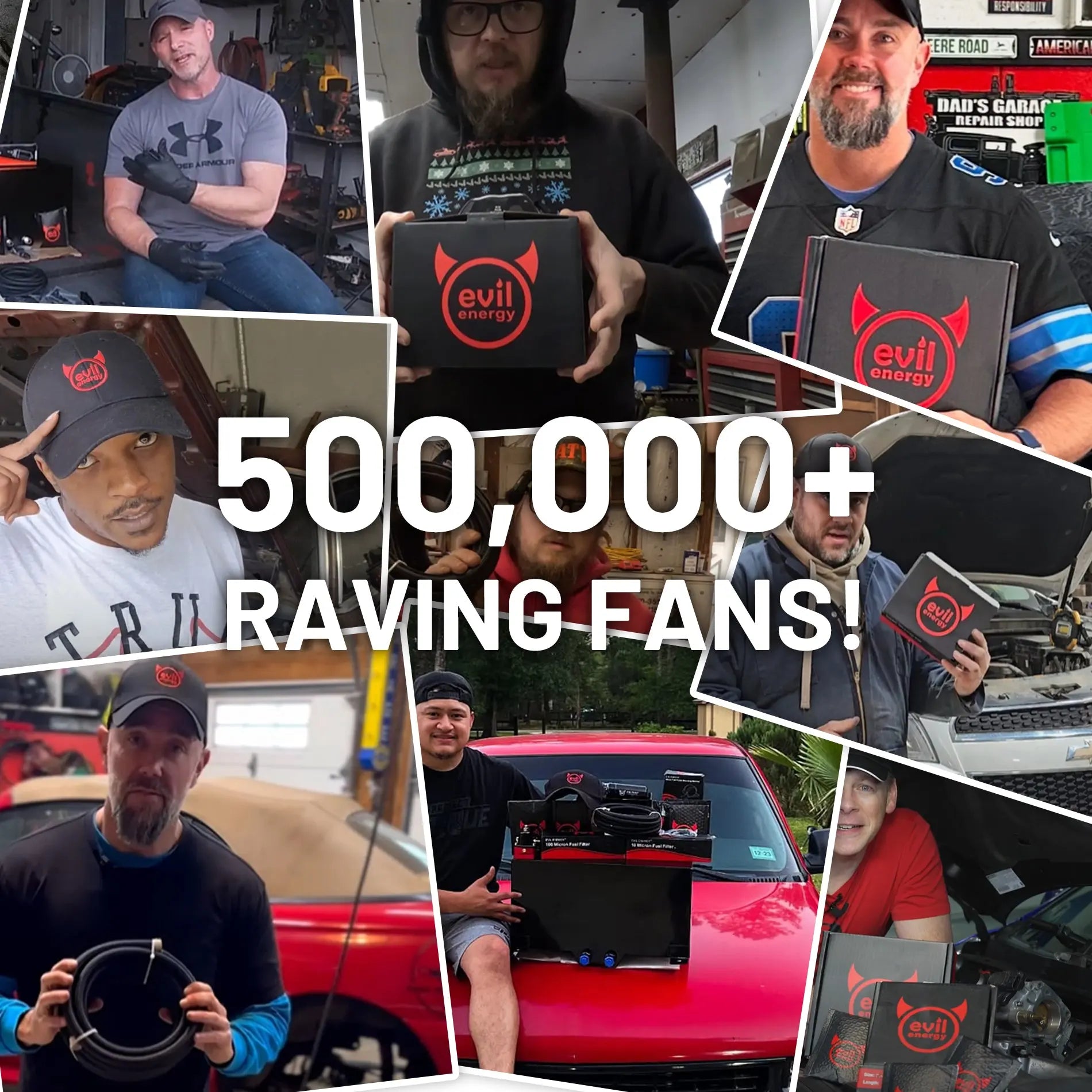 Over 500,000 satisfied customers of EVIL ENERGY showcasing their 350 CFM 2-barrel Carburetor and brand loyalty with product packaging and installation success.