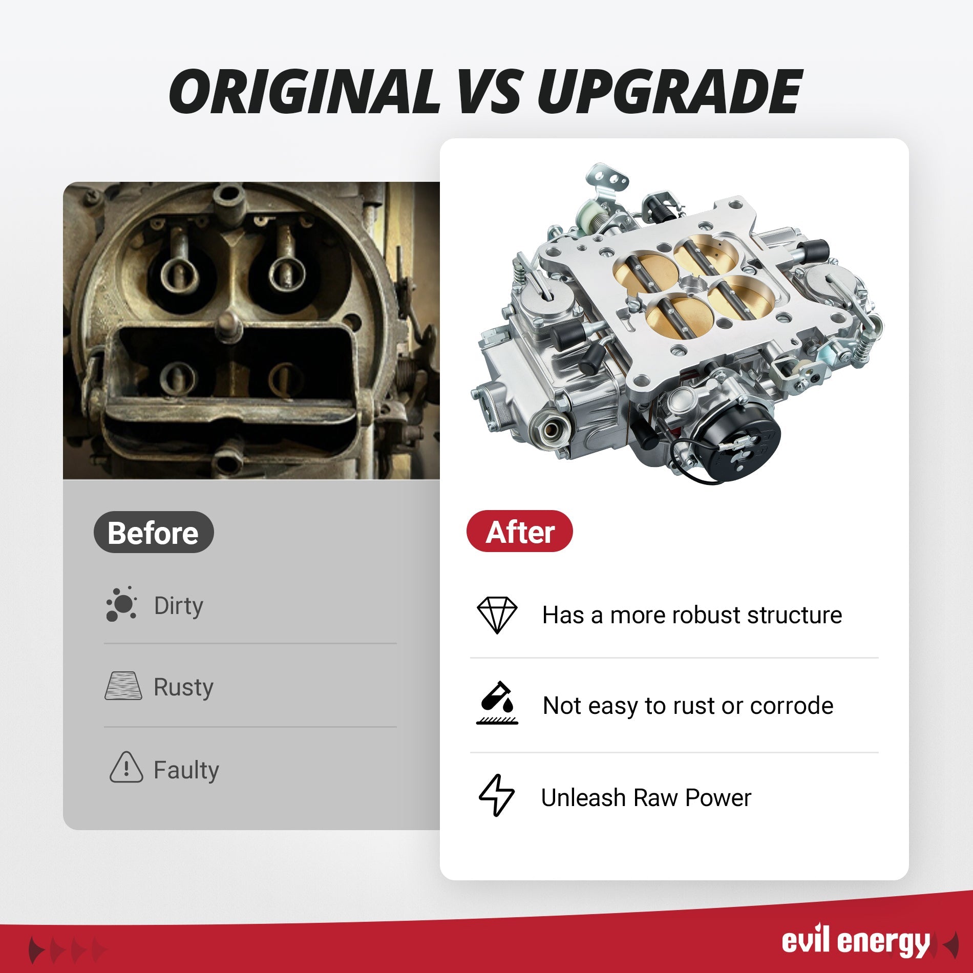 Comparison between original rusty carburetor and upgraded EVIL ENERGY 850 CFM 4-Barrel Carburetor with better durability and raw power