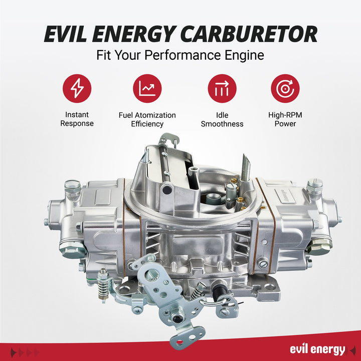 EVIL ENERGY 850 CFM 4-Barrel Carburetor performance features including instant throttle response, fuel atomization efficiency, and high-RPM power
