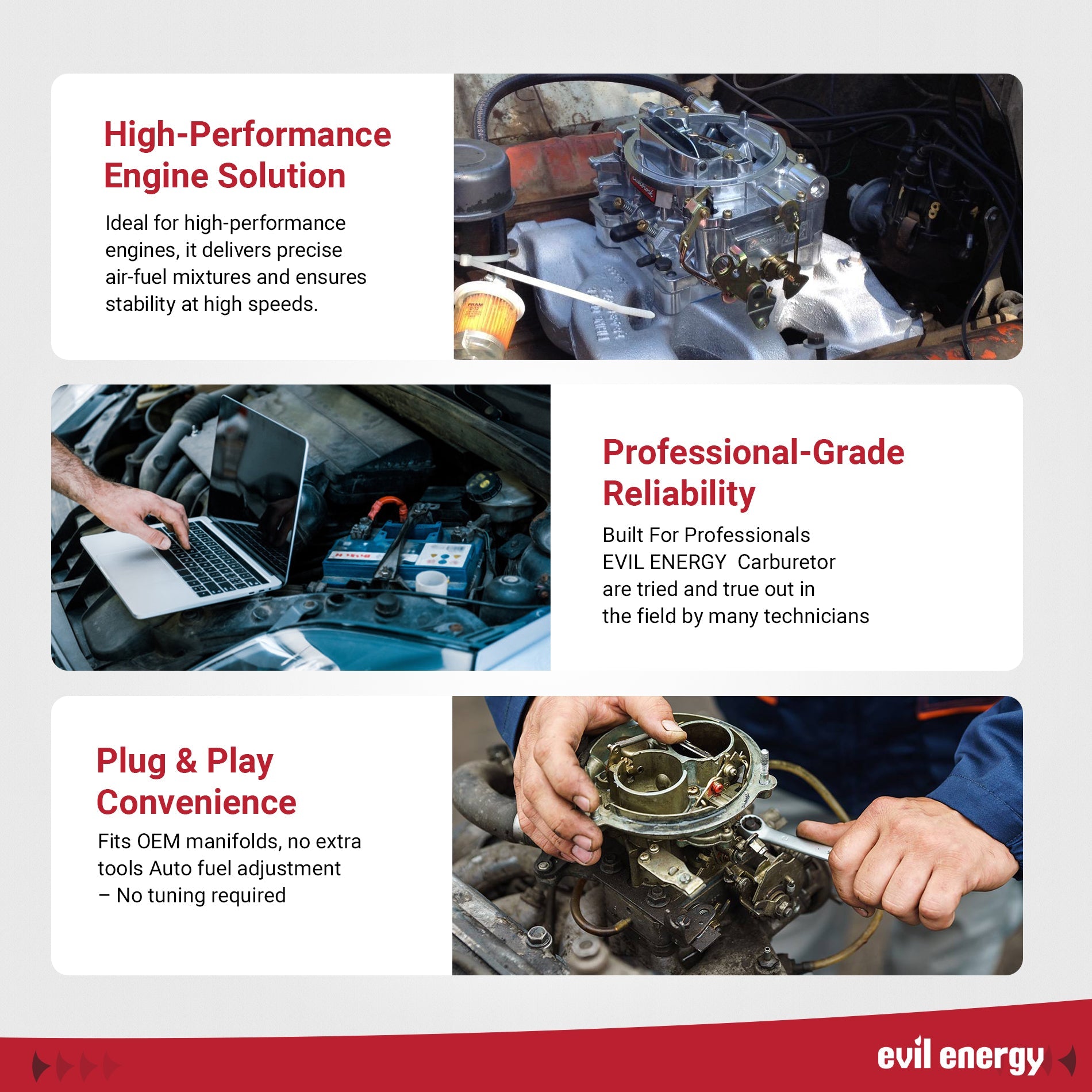 EVIL ENERGY 850 CFM 4-Barrel Carburetor used in high-performance engine with plug-and-play installation and stable air-fuel delivery