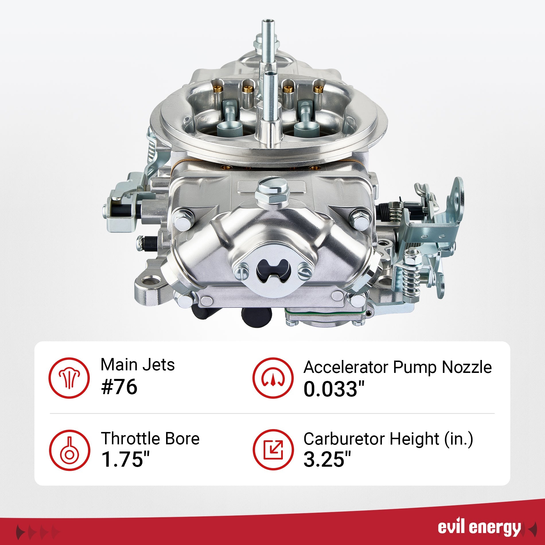 EVIL ENERGY 850 CFM 4-Barrel Carburetor specs, main jets #76, throttle bore 1.75-inch, precision design