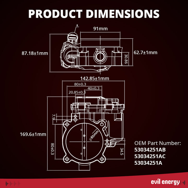EVIL ENERGY 85mm Electronic Throttle Body - Product Dimensions & OEM Part Numbers