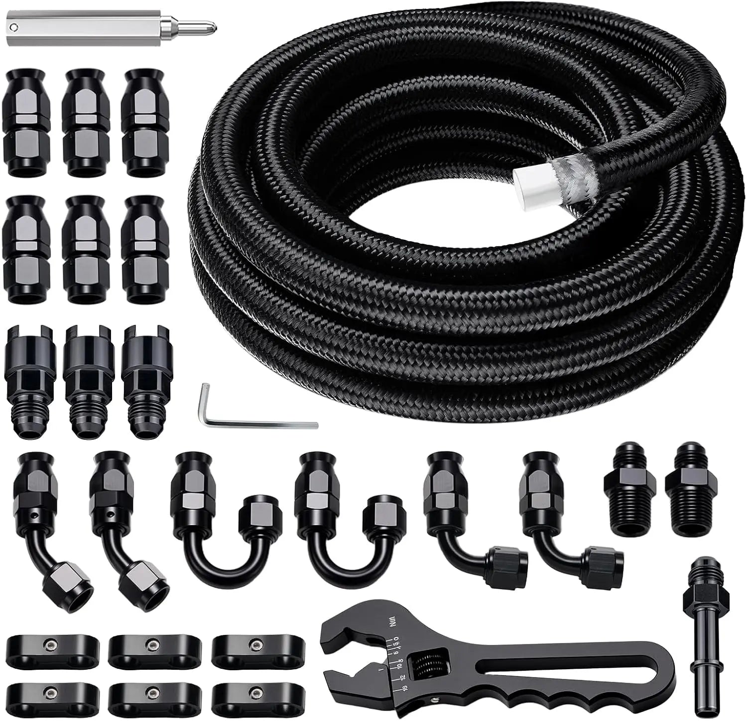 EVILENERGY EVIL ENERGY 8AN PTFE Fuel Line Kit, AN8 E85 PTFE Fuel Hose Kit 20FT, Nylon Braided LS Swap Line Hose with Adjustion Wrench Fittings
