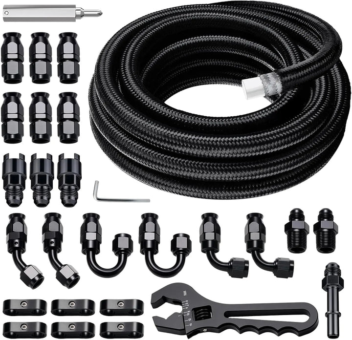 EVILENERGY EVIL ENERGY 8AN PTFE Fuel Line Kit, AN8 E85 PTFE Fuel Hose Kit 20FT, Nylon Braided LS Swap Line Hose with Adjustion Wrench Fittings