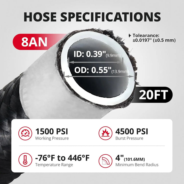 EVILENERGY EVIL ENERGY 8AN PTFE Fuel Line Kit, AN8 E85 PTFE Fuel Hose Kit 20FT, Nylon Braided LS Swap Line Hose with Adjustion Wrench Fittings  [8AN,20ft]