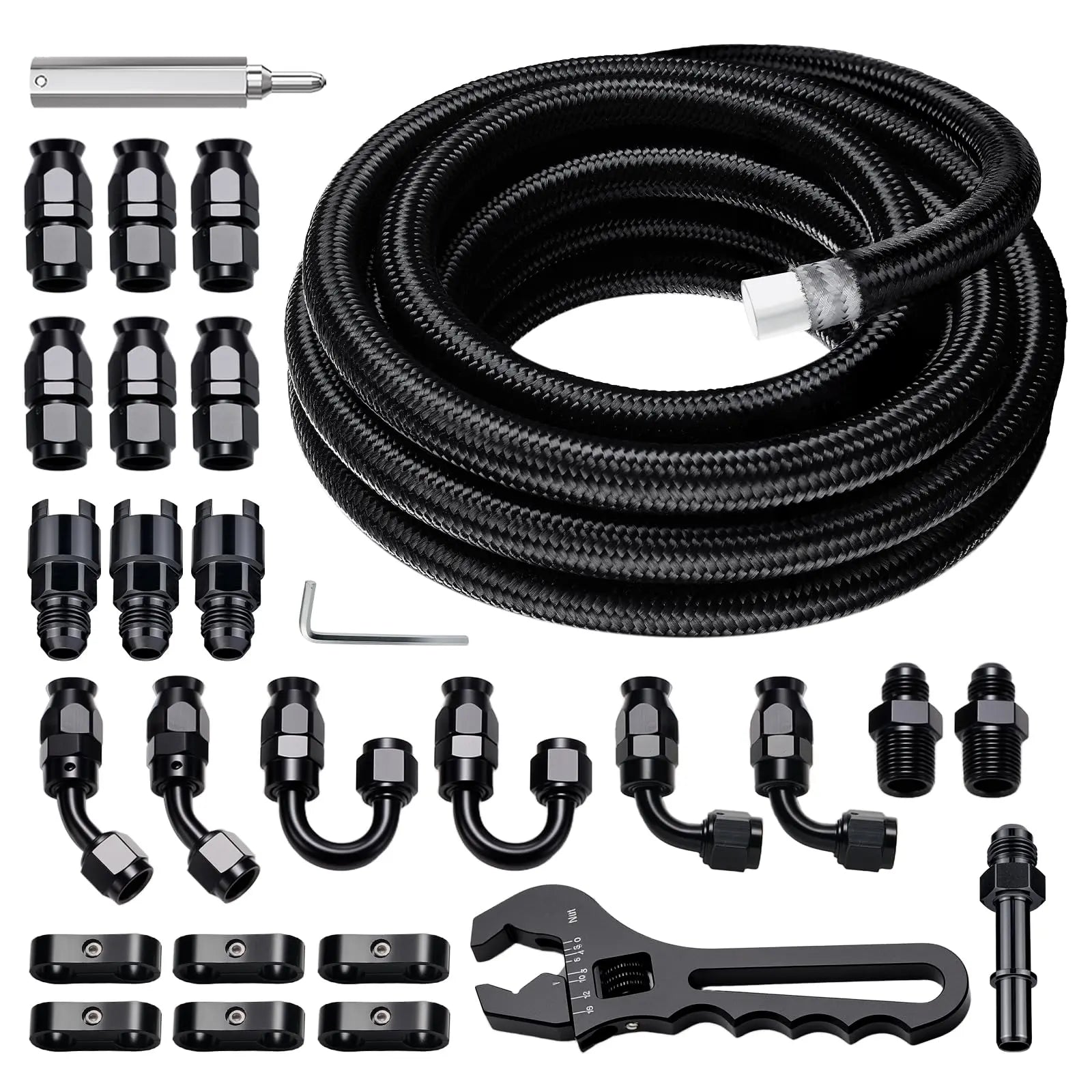 EVILENERGY EVIL ENERGY 8AN PTFE Fuel Line Kit, AN8 E85 PTFE Fuel Hose Kit 20FT, Nylon Braided LS Swap Line Hose with Adjustion Wrench Fittings