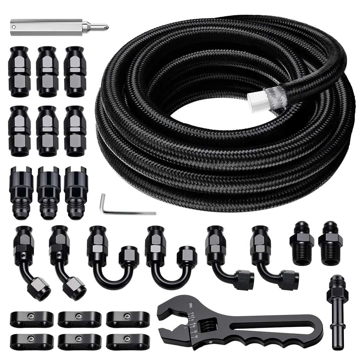 EVILENERGY EVIL ENERGY 8AN PTFE Fuel Line Kit, AN8 E85 PTFE Fuel Hose Kit 20FT, Nylon Braided LS Swap Line Hose with Adjustion Wrench Fittings