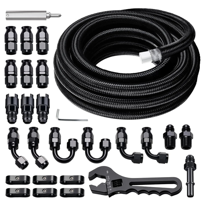 EVILENERGY EVIL ENERGY 8AN PTFE Fuel Line Kit, AN8 E85 PTFE Fuel Hose Kit 20FT, Nylon Braided LS Swap Line Hose with Adjustion Wrench Fittings