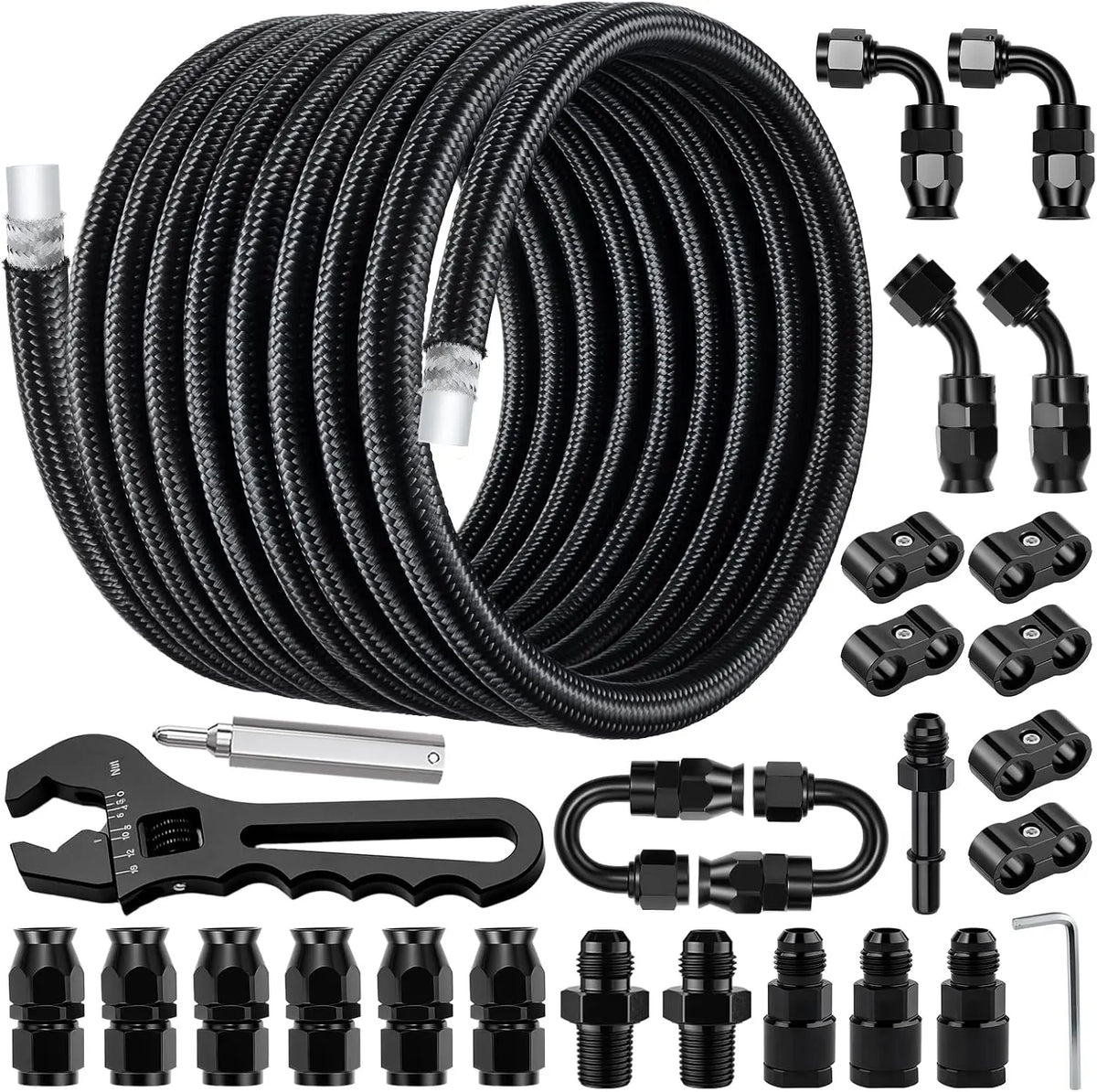 EVILENERGY EVIL ENERGY 8AN PTFE Fuel Line Kit, AN8 Nylon Braided PTFE Fuel Hose Kit 26FT, E85 Compatible LS Swap Line Hose with Adjustion Wrench Fittings Kits