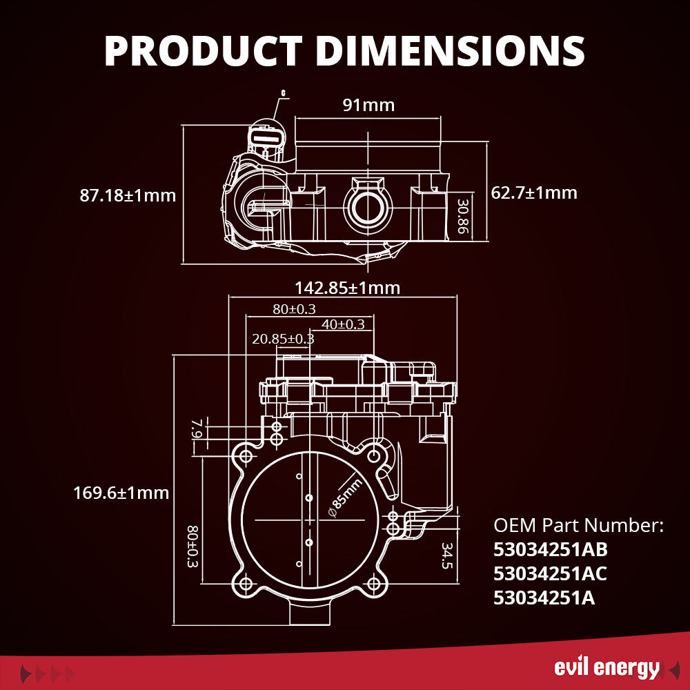 EVIL ENERGY 90mm Electronic Throttle Body - Product Dimensions & OEM Part Numbers