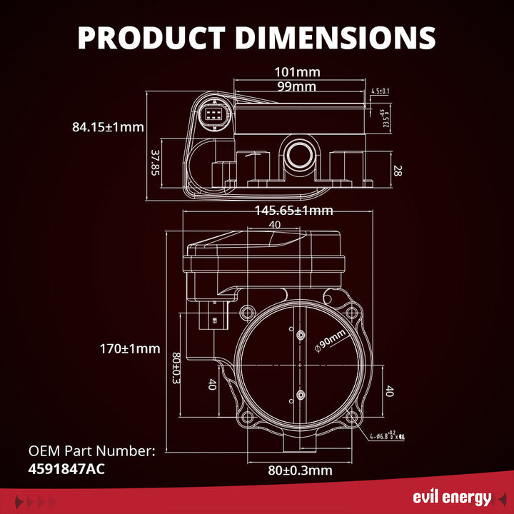 EVIL ENERGY 90mm Electronic Throttle Body - Product Dimensions & OEM Part Number 4591847AC
